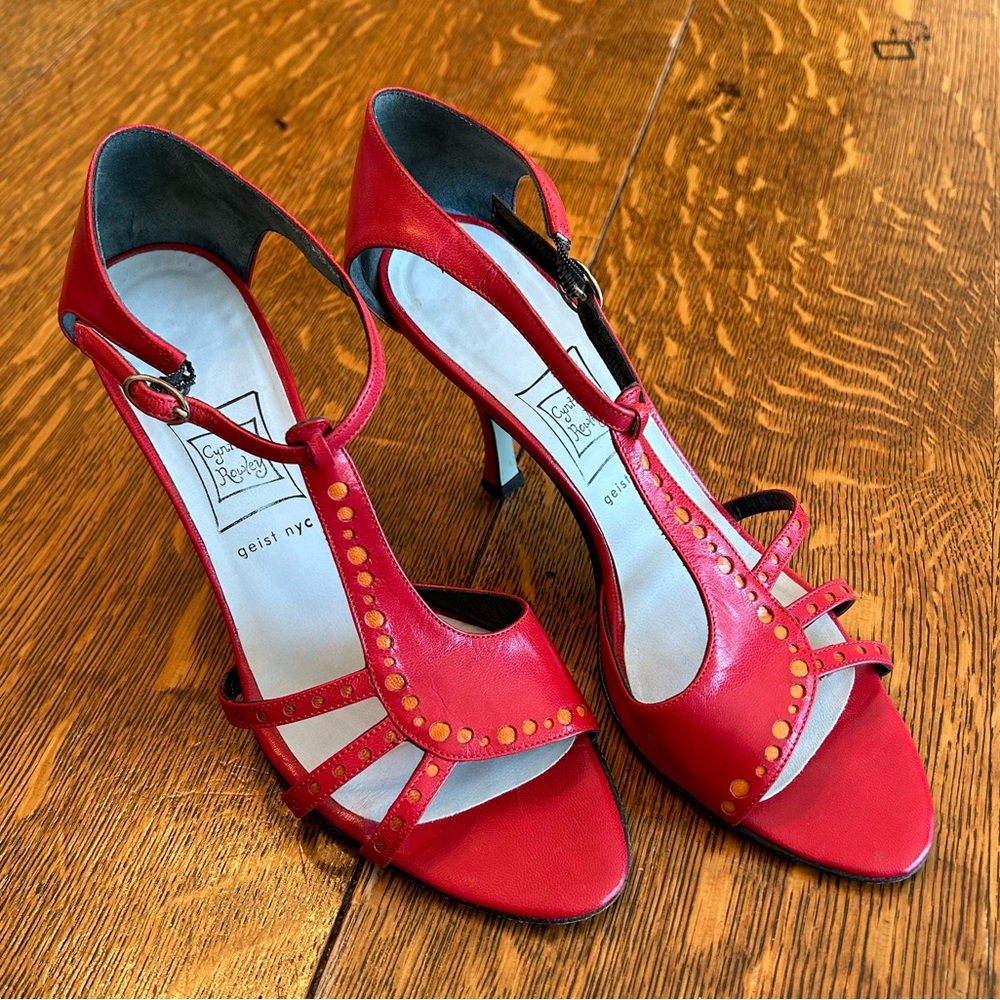 Vintage Red Leather Designer Sandal Heels with Orange Dot Details